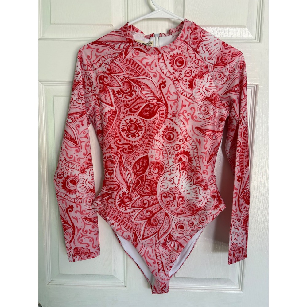 Mara Hoffman Reese Rashguard One Piece Swimsuit Small Red Paisley Long Sleeve